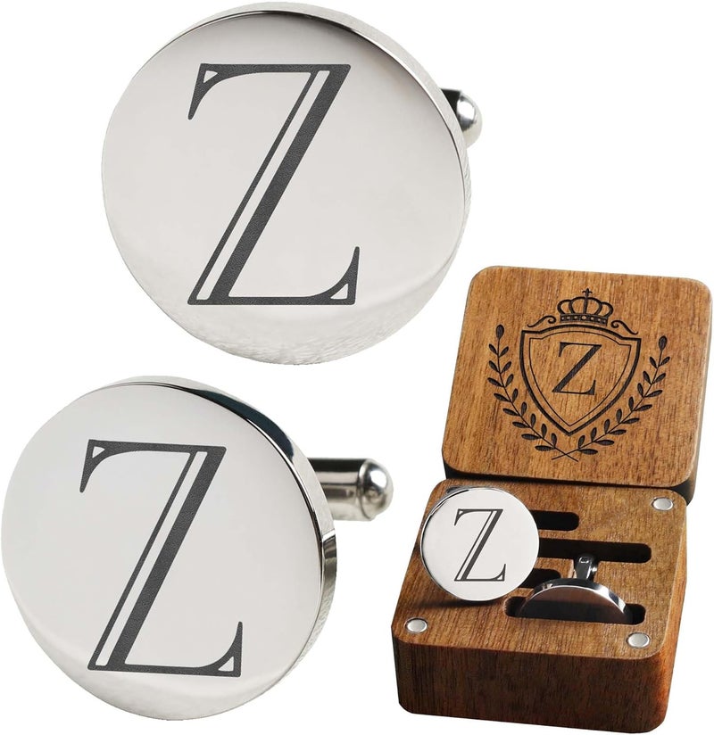 SeemDanten Mens Classic Initial Cuff links A-Z Alphabet 26 Letters Stainless Steel Silver CuffLinks with Engraved Walnut Wood Gift Box Business Wedding Set - Image 1
